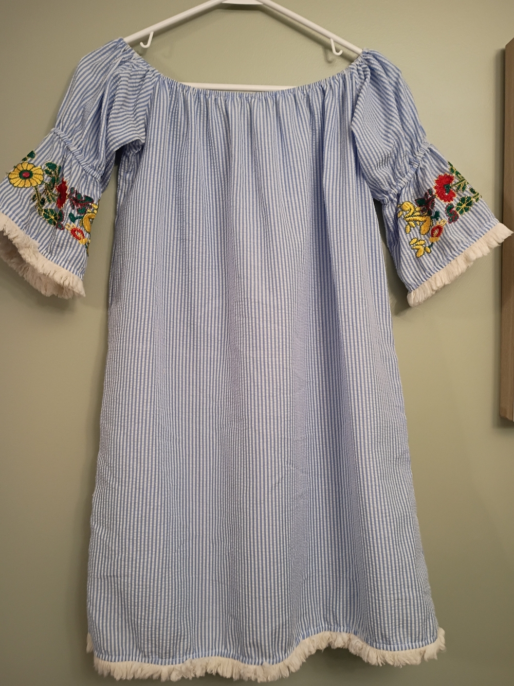 Blue Striped Off-Shoulder Women's Dress with Floral Embroidery